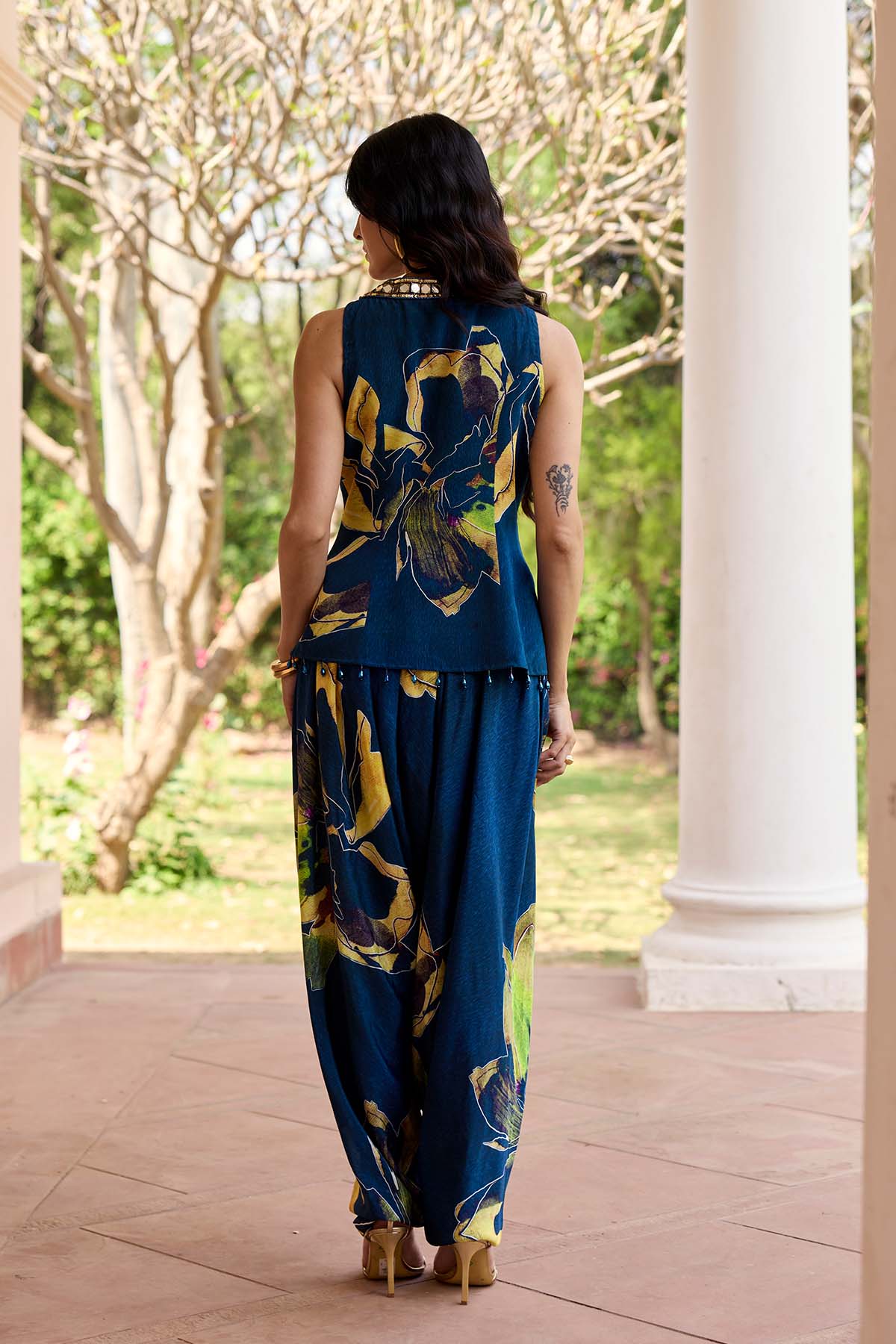 Navygold Floral Printed Dhoti Set