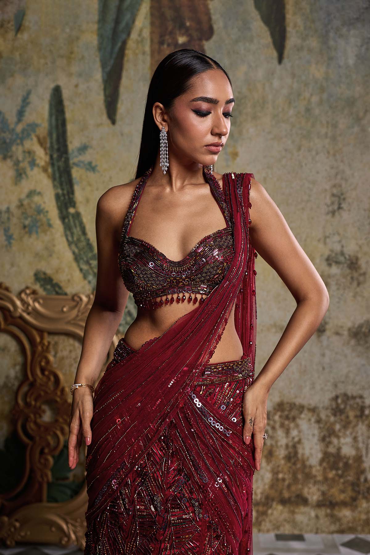 Maroon Abstract Embellished Saree Set