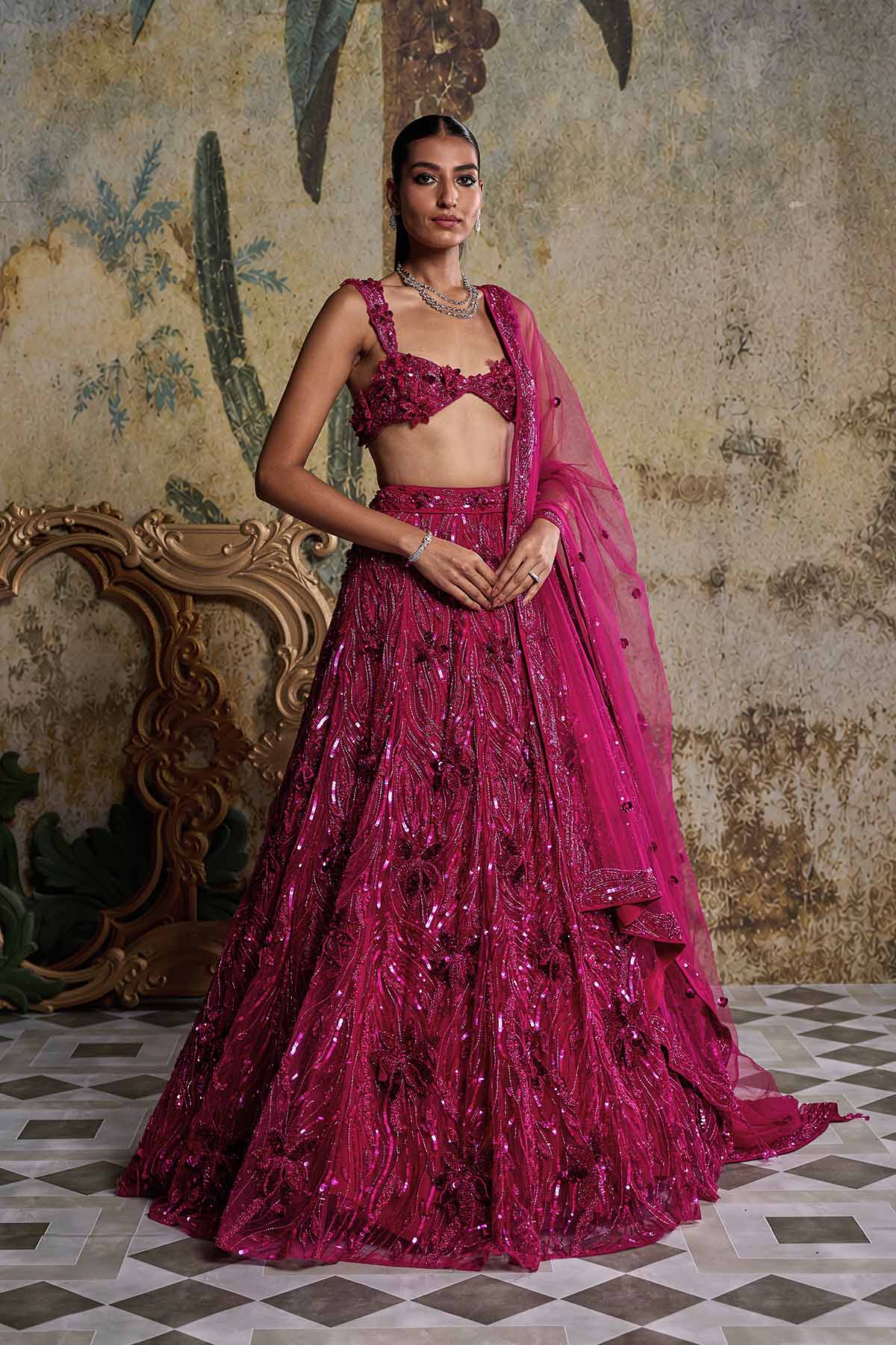 Fuschia Pink 3-D Embellished Lehenga Set