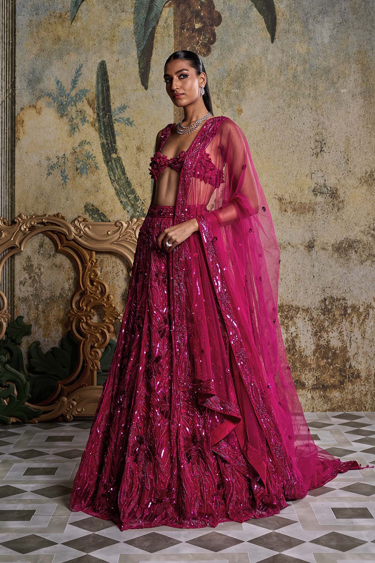 Fuschia Pink 3-D Embellished Lehenga Set