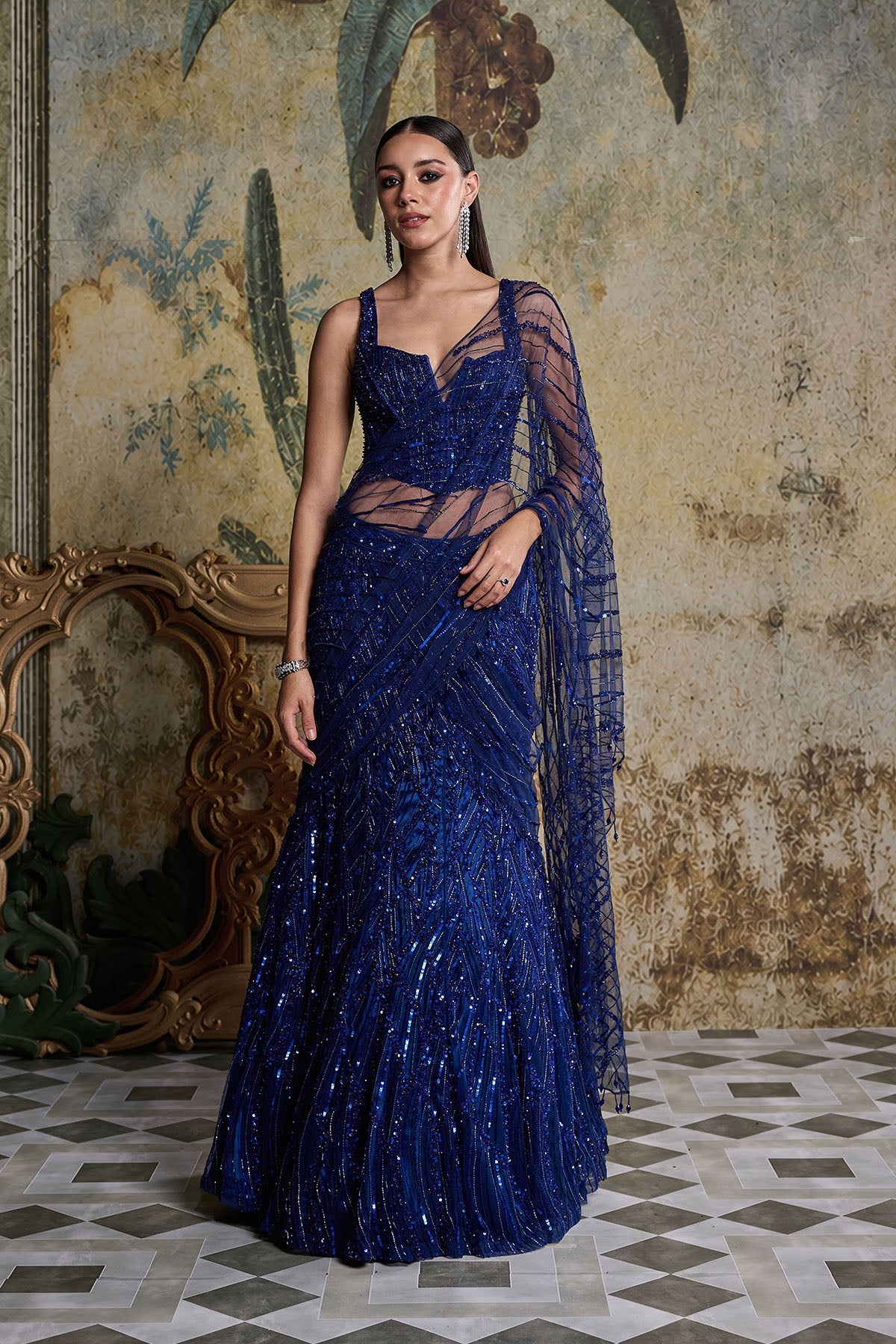 Electric Blue Embellished Saree Set