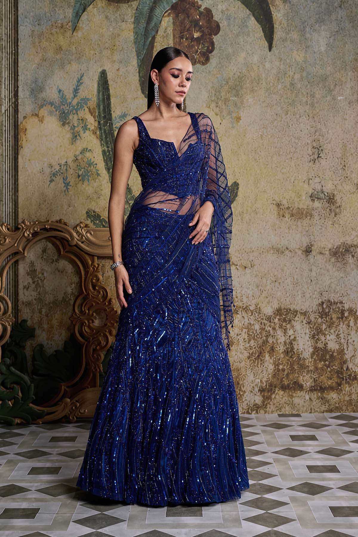 Electric Blue Embellished Saree Set