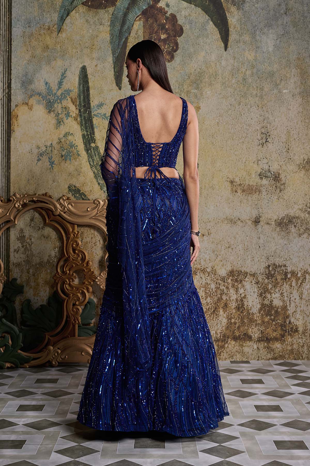 Electric Blue Embellished Saree Set