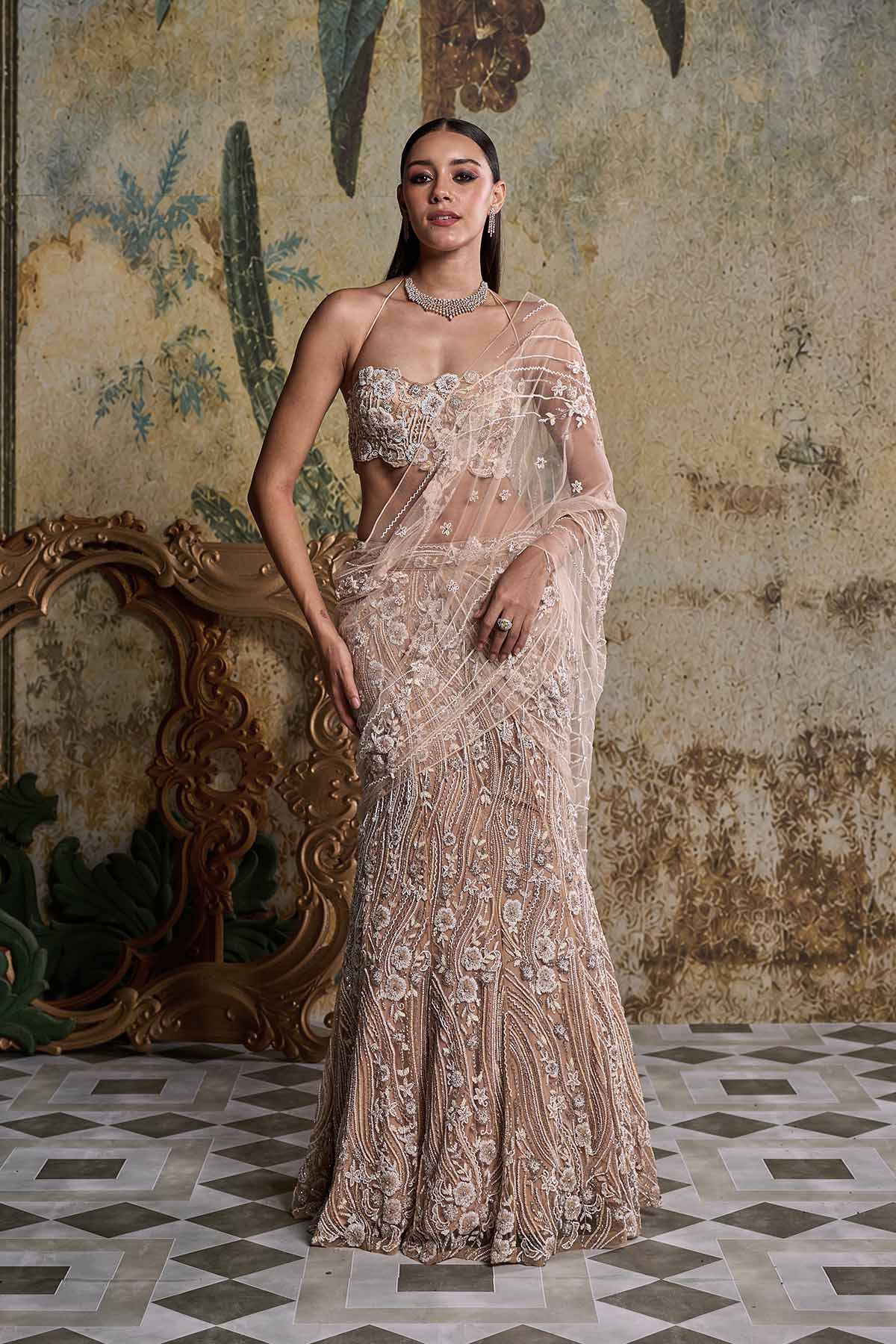 Beige & Ivory 3-D Floral Embellished Saree Set