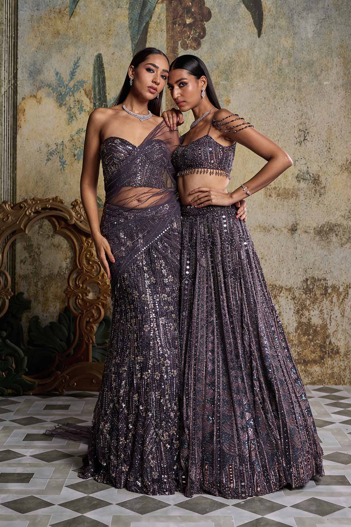 Charcol Grey Floral Embellished Corset Saree Set