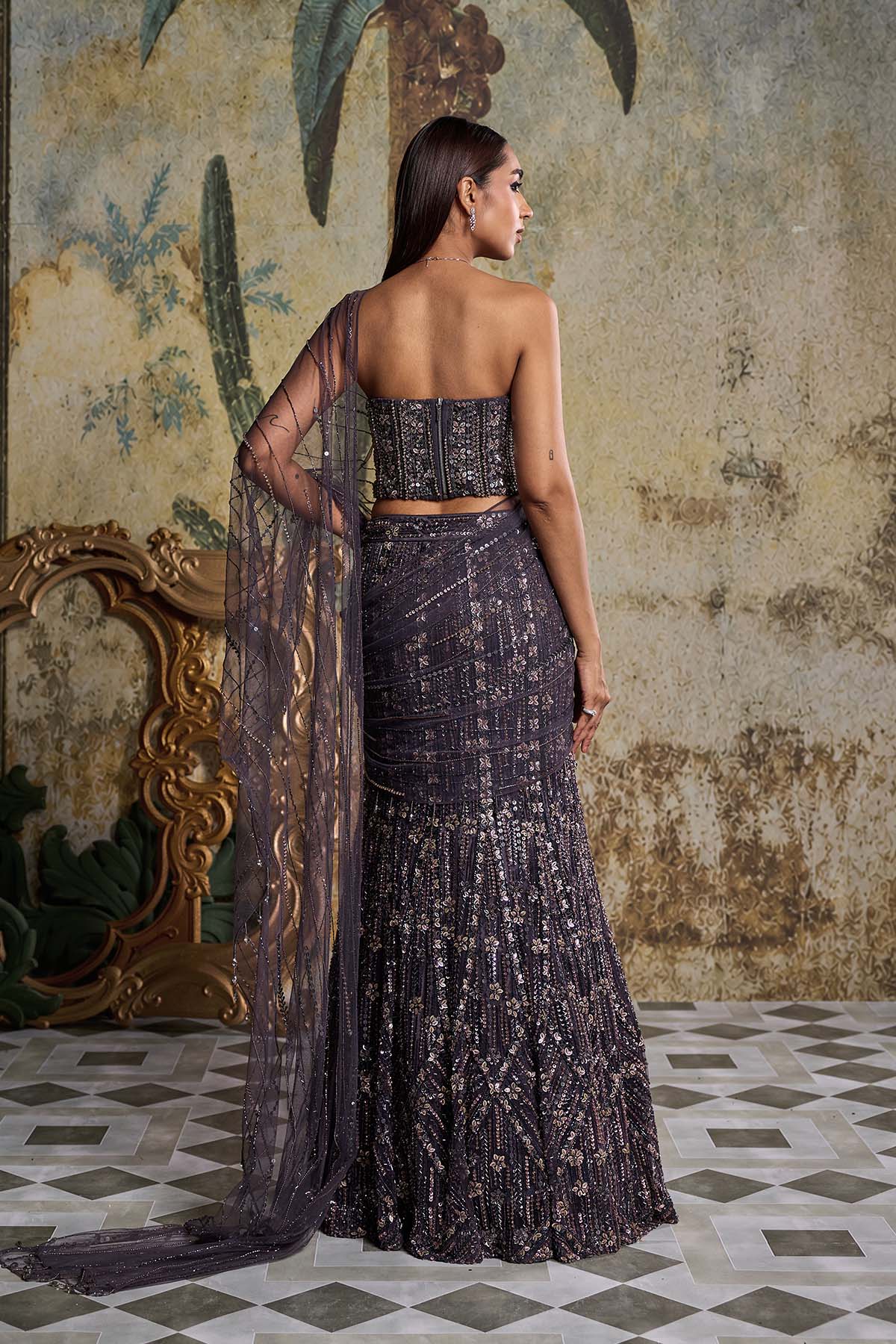 Charcol Grey Floral Embellished Corset Saree Set