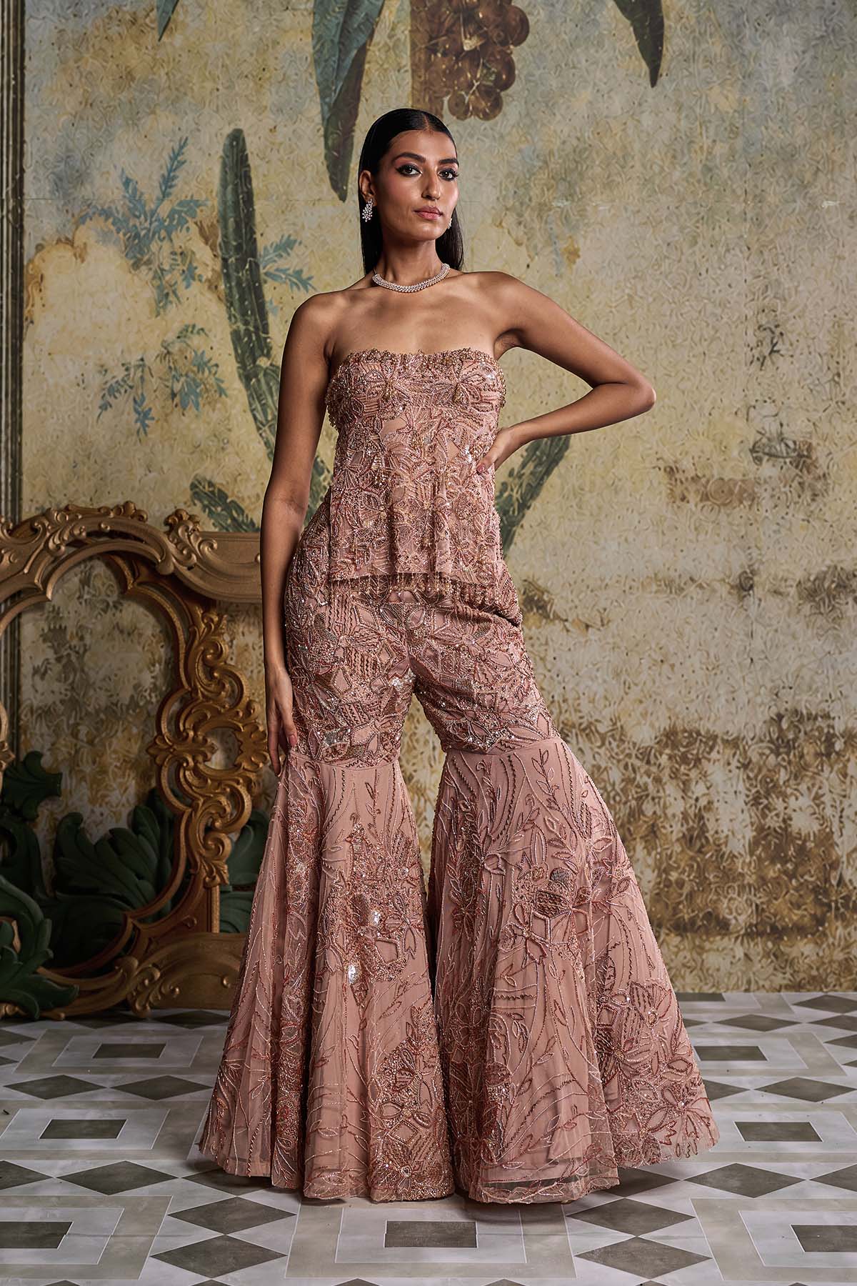 Rose Gold Abstract Floral Embellished Kurti Set