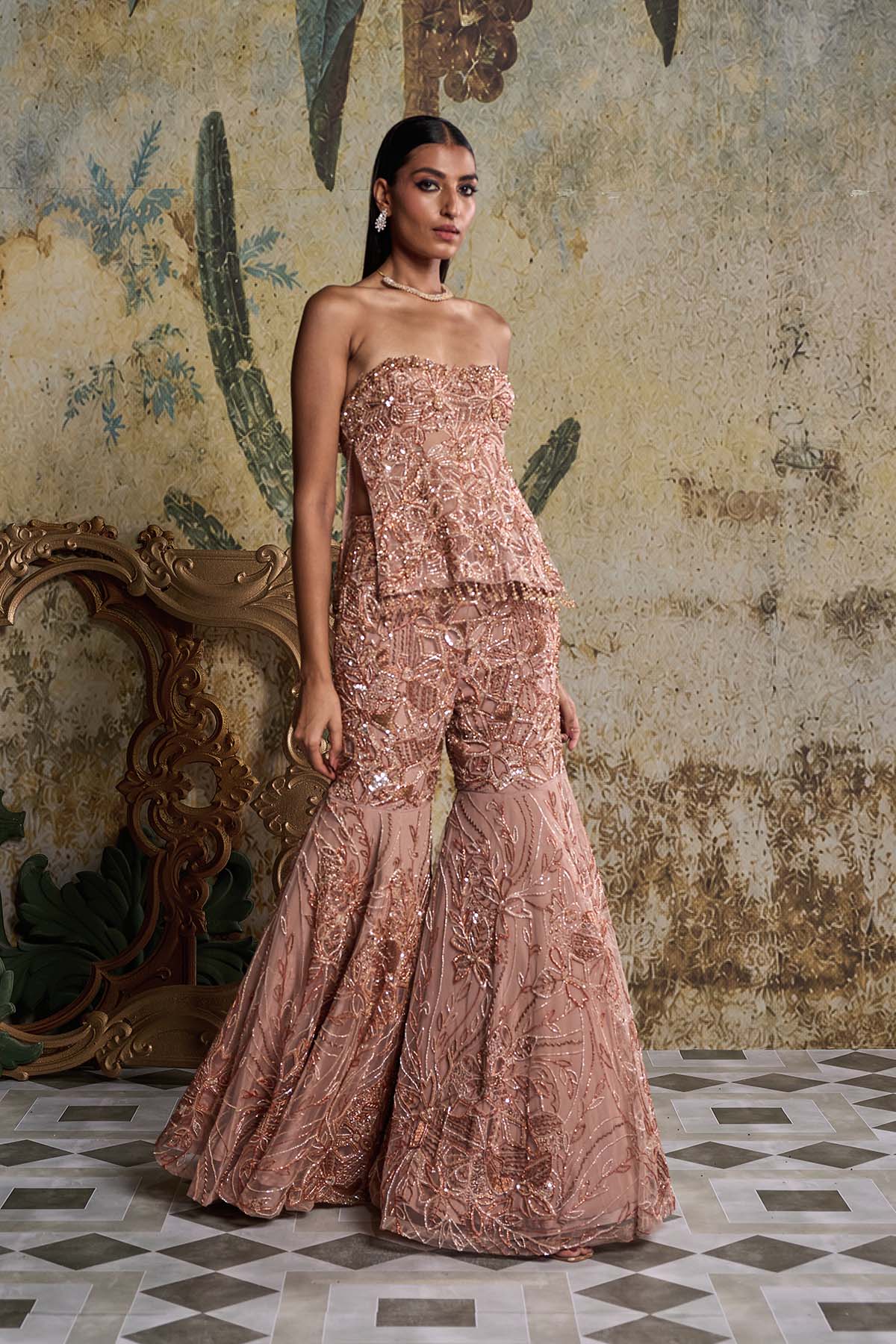 Rose Gold Abstract Floral Embellished Kurti Set