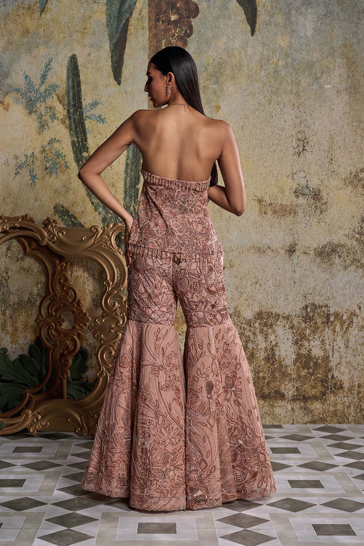 Rose Gold Abstract Floral Embellished Kurti Set