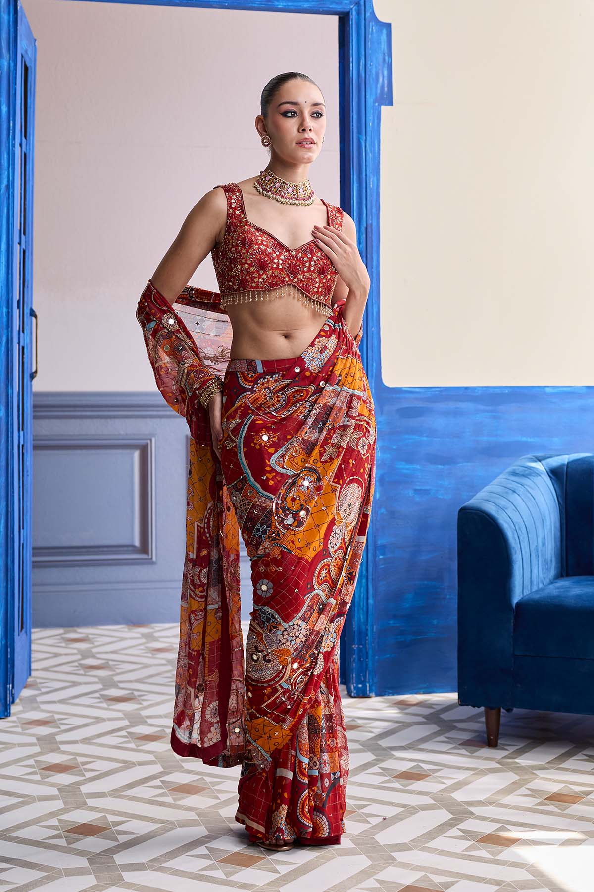 Rust Mosaic Highlighted Blouse With Classic Skirt Saree Set