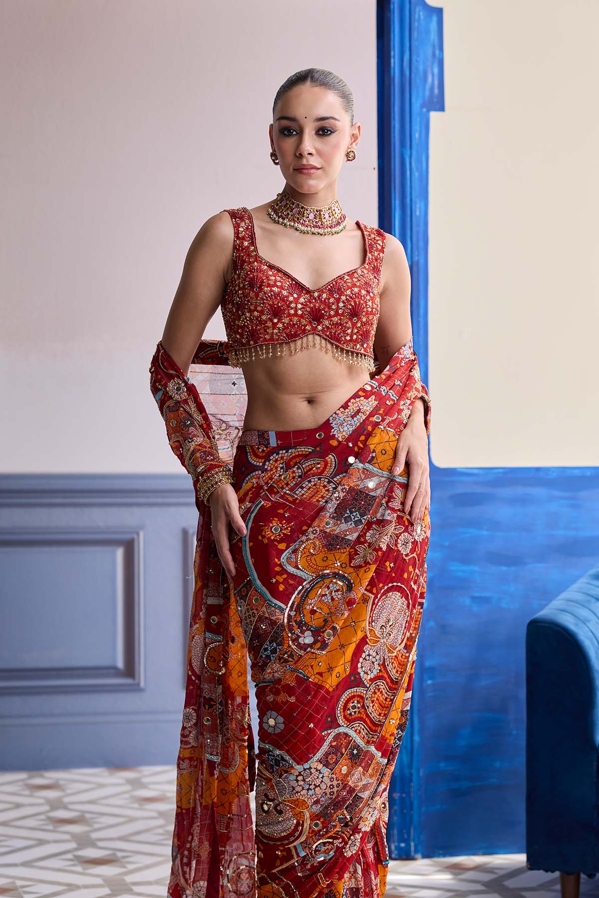 Rust Mosaic Highlighted Blouse With Classic Skirt Saree Set