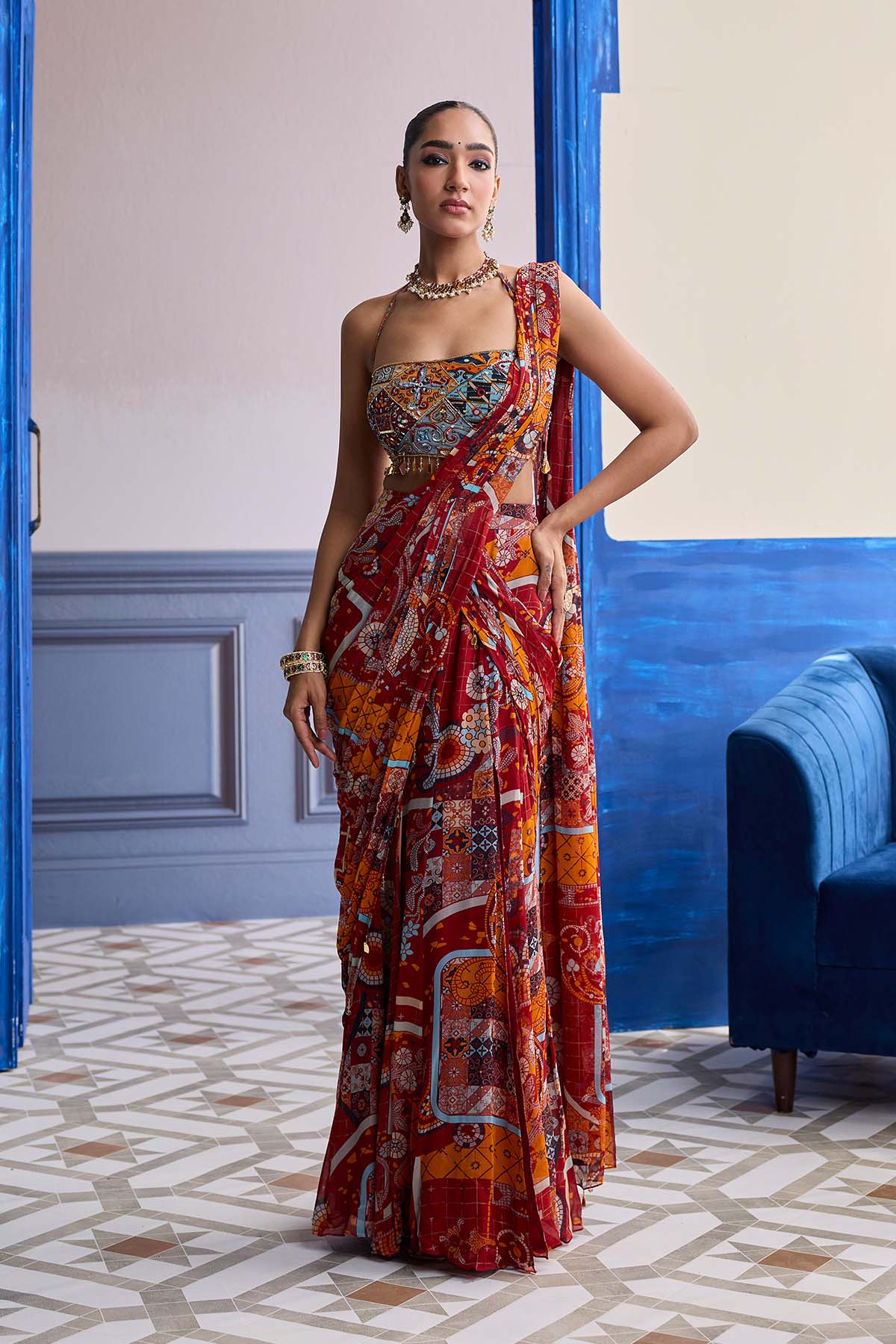 Rust Mosaic Blouse With Pre-Draped Panelled Saree Set