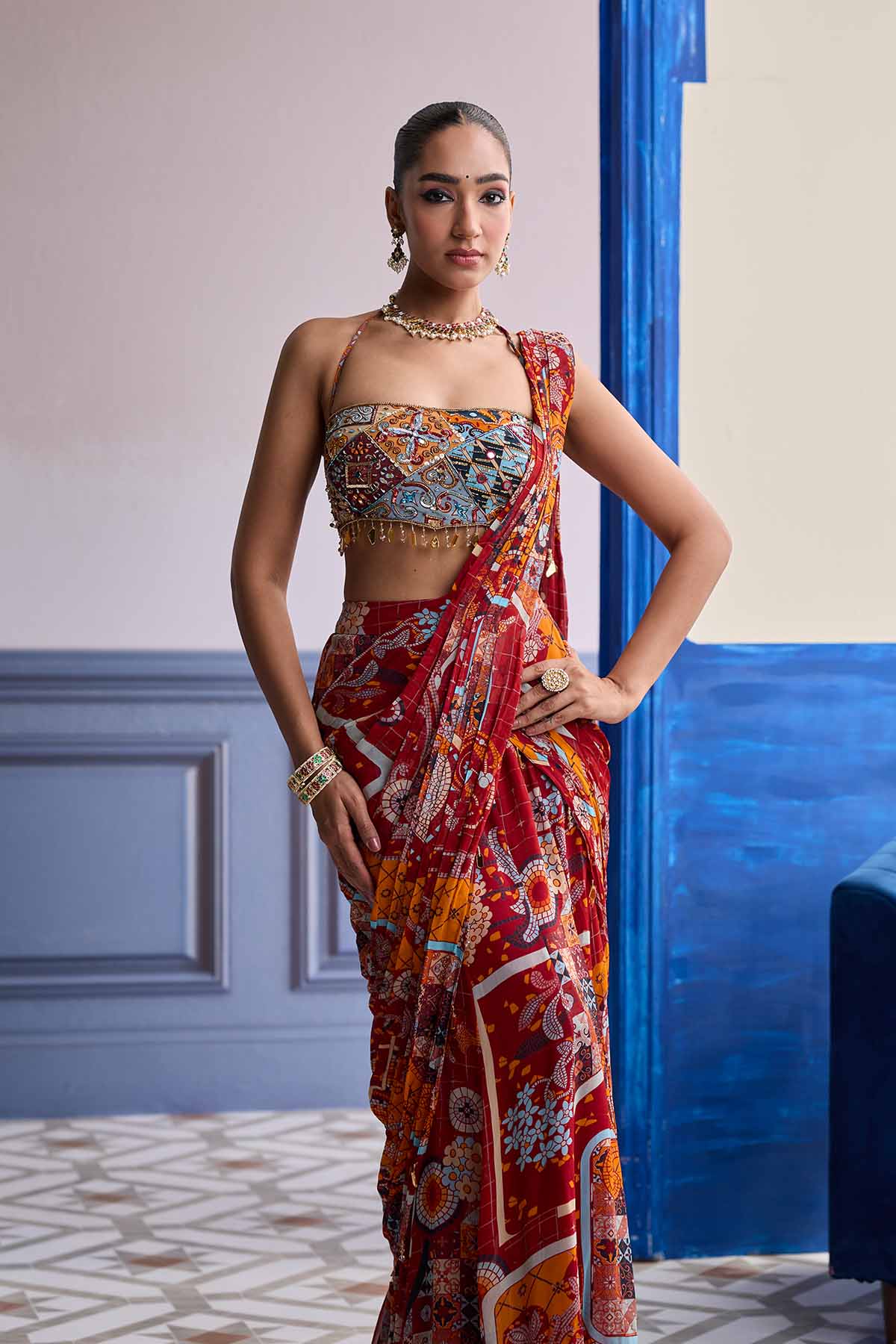 Rust Mosaic Blouse With Pre-Draped Panelled Saree Set