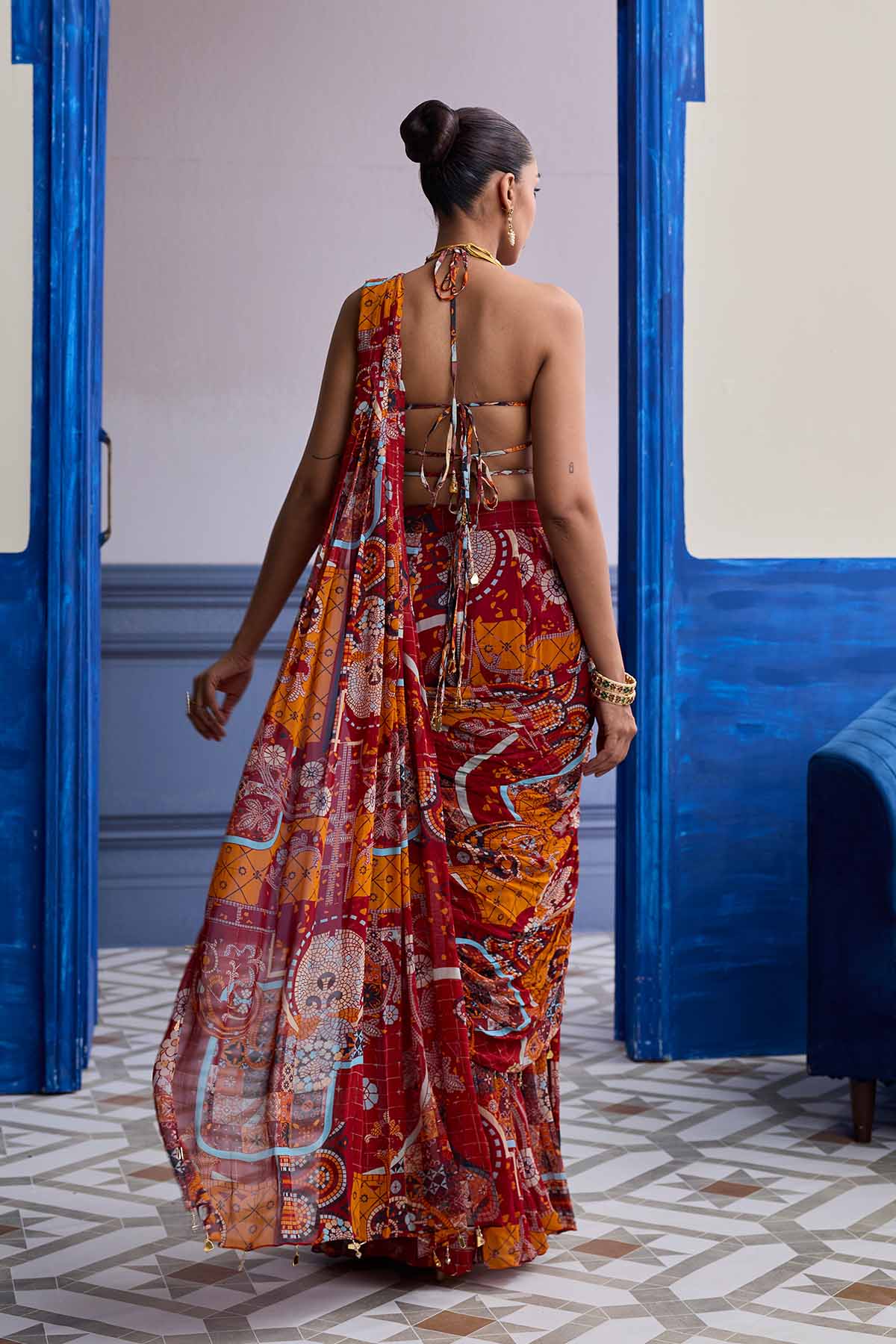 Rust Mosaic Blouse With Pre-Draped Panelled Saree Set