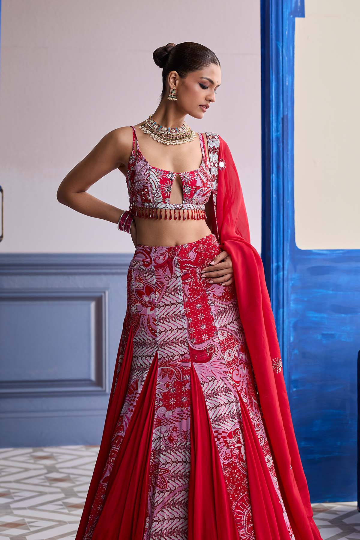 Red Floral Blouse With Godet Skirt & Embroidered Dupatta Set