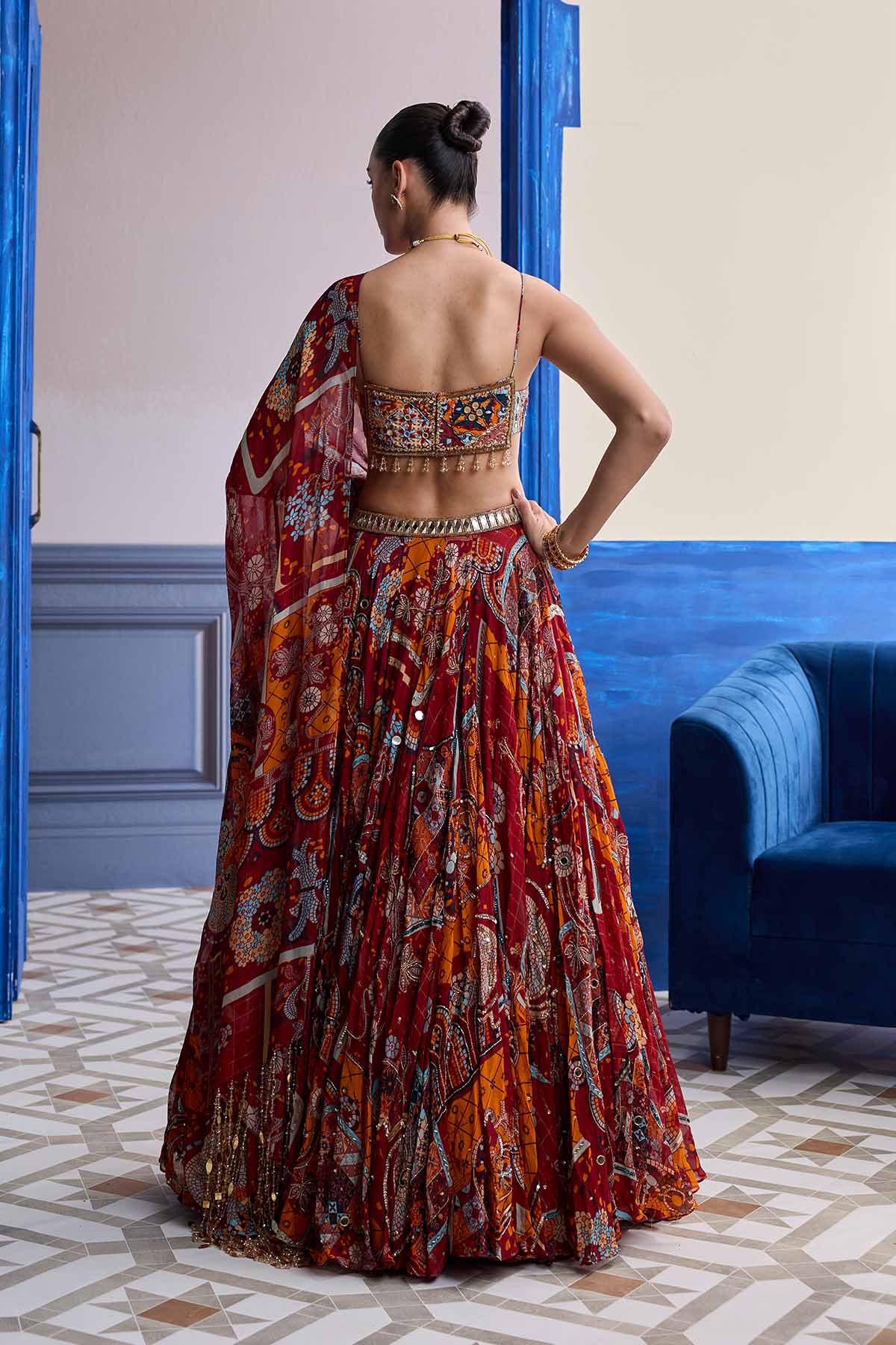 Rust Mosaic Square Neck Blouse With Lehenga & Tassel Dupatta Set