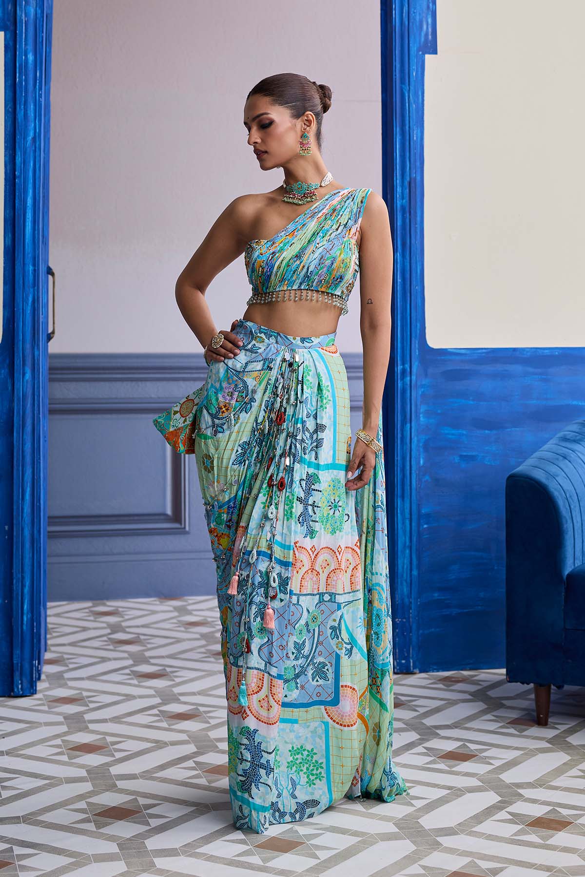 Aqua Blue Mosaic One-Shoulder Blouse With Cowl Dhoti Skirt Set