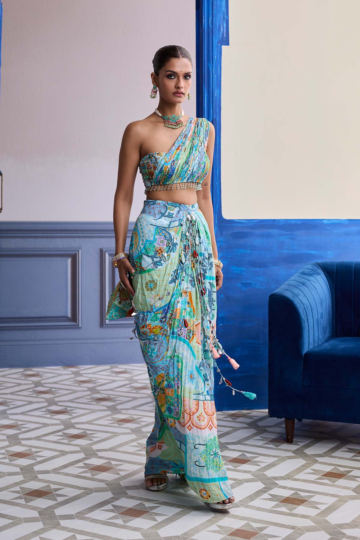 Aqua Blue Mosaic One-Shoulder Blouse With Cowl Dhoti Skirt Set