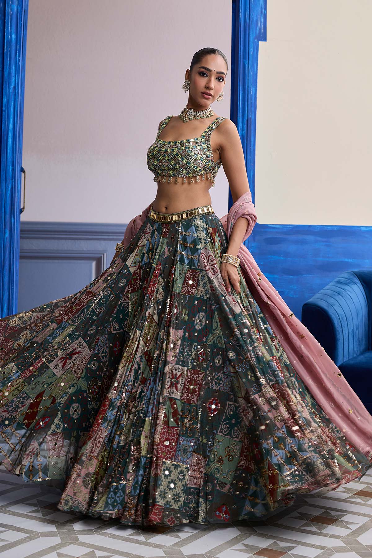 Green Mirror Embroidered Blouse With Forest Green Lehenga & Embroidered Dupatta Set