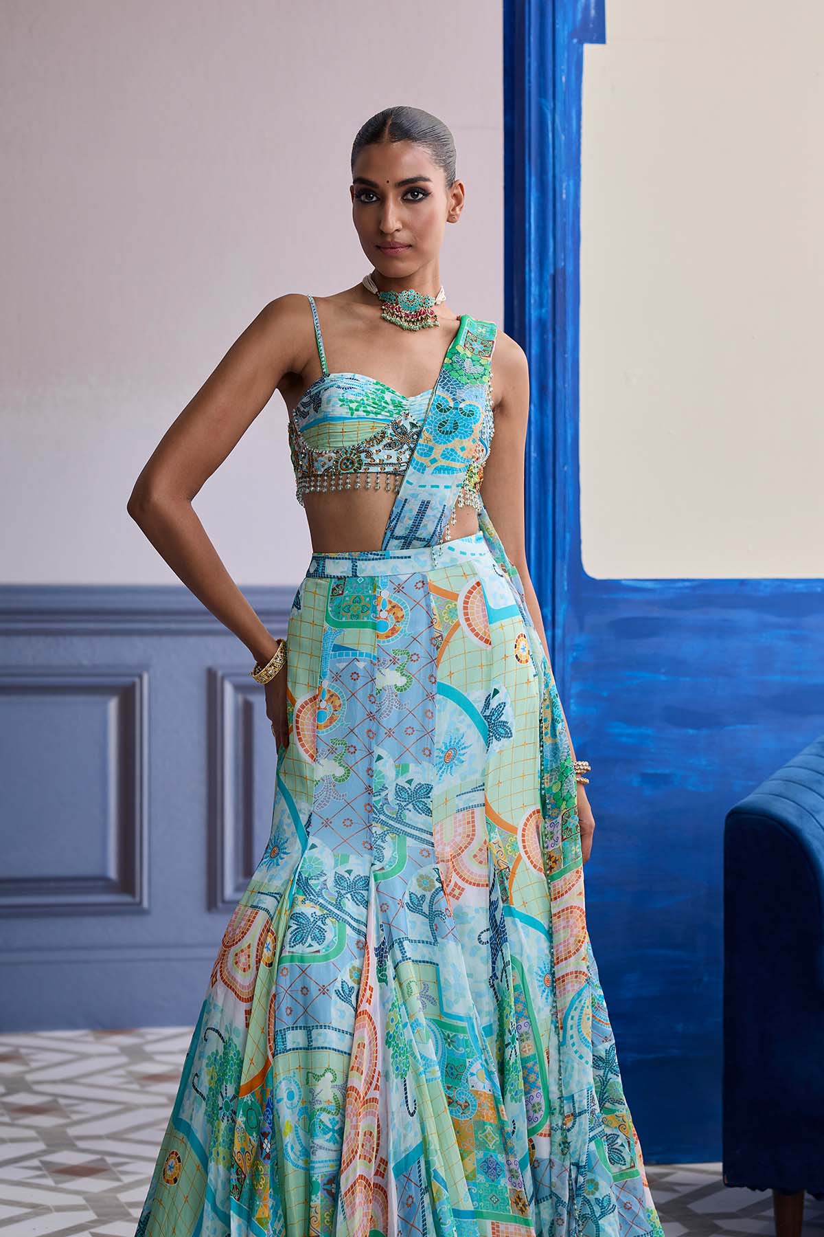 Aqua Blue Mosaic Ruched Blouse With Draped Mermaid Saree Set