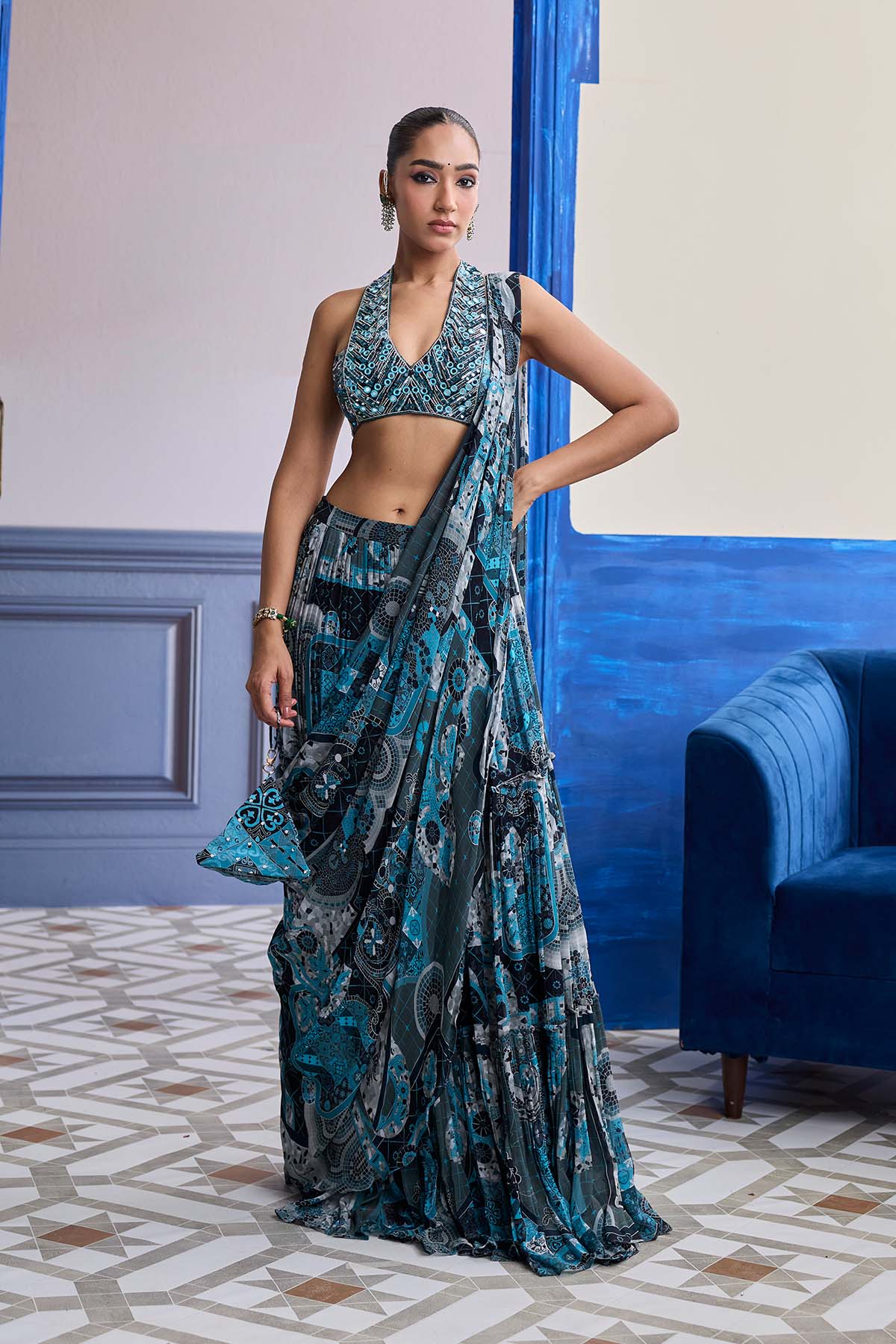 Teal Mosaic Halter Blouse With Tiered Skirt Saree Set
