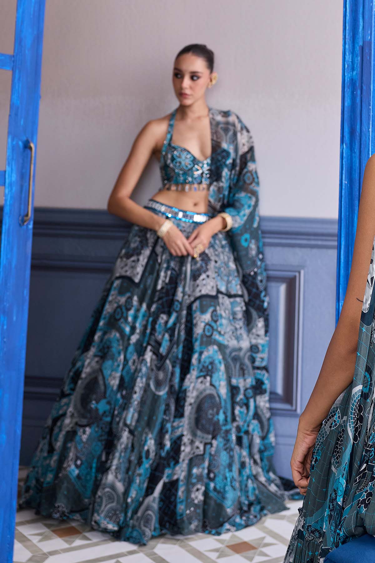 Teal Mosaic Halter Blouse With Tiered Skirt Saree Set
