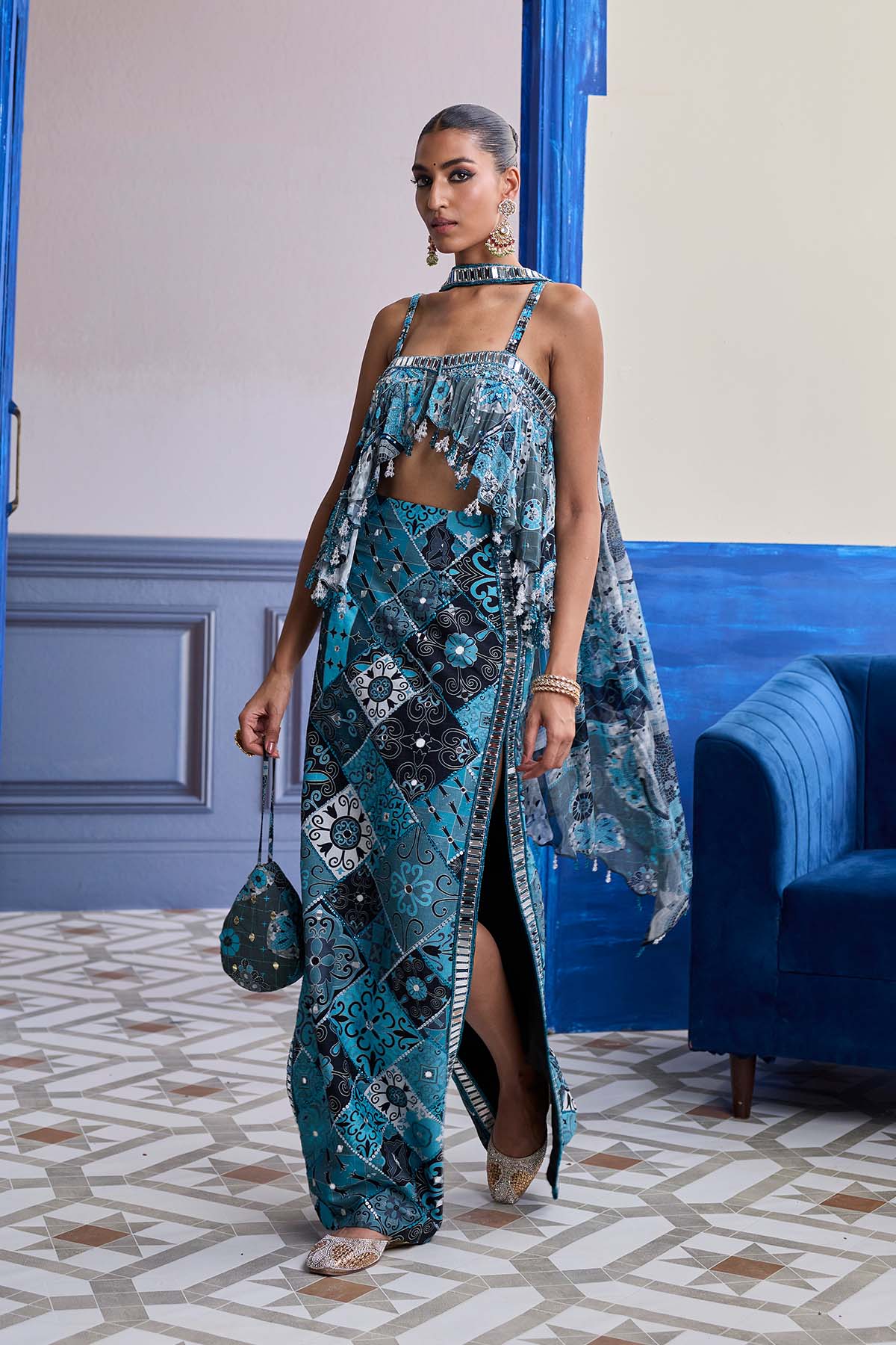 Teal & Black Mosaic Peplum With Slit Skirt & Choker Dupatta Set