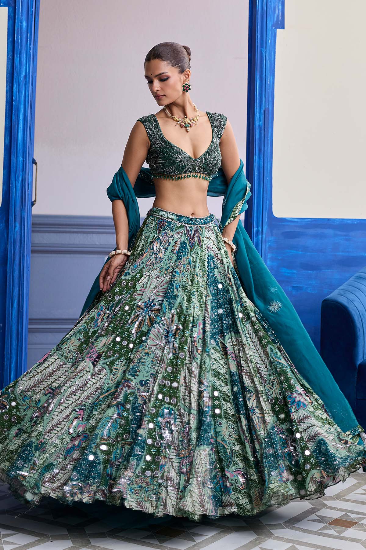 Green Wave Embroidered Blouse With Print Highlights & Solid Dupatta Set