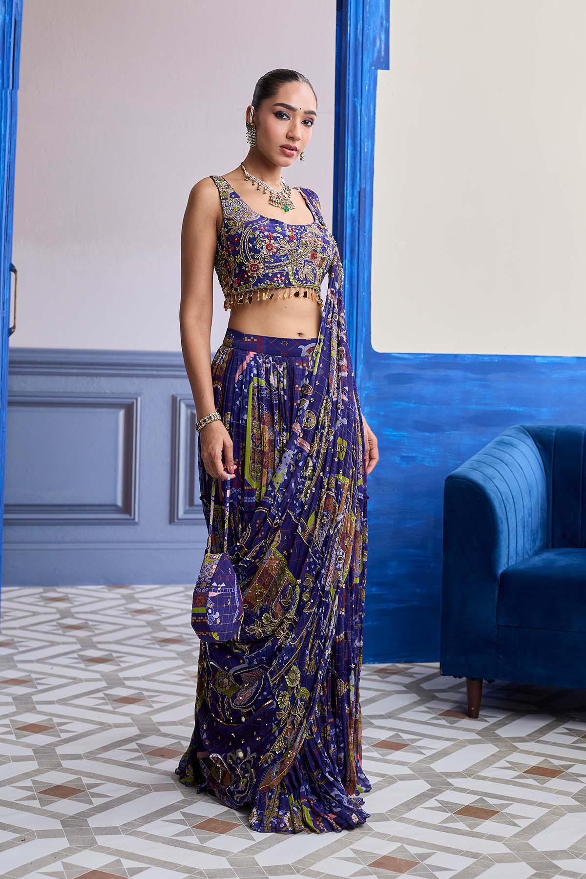 Violet Mosaic Blouse With Drape Tiered Skirt Saree Set
