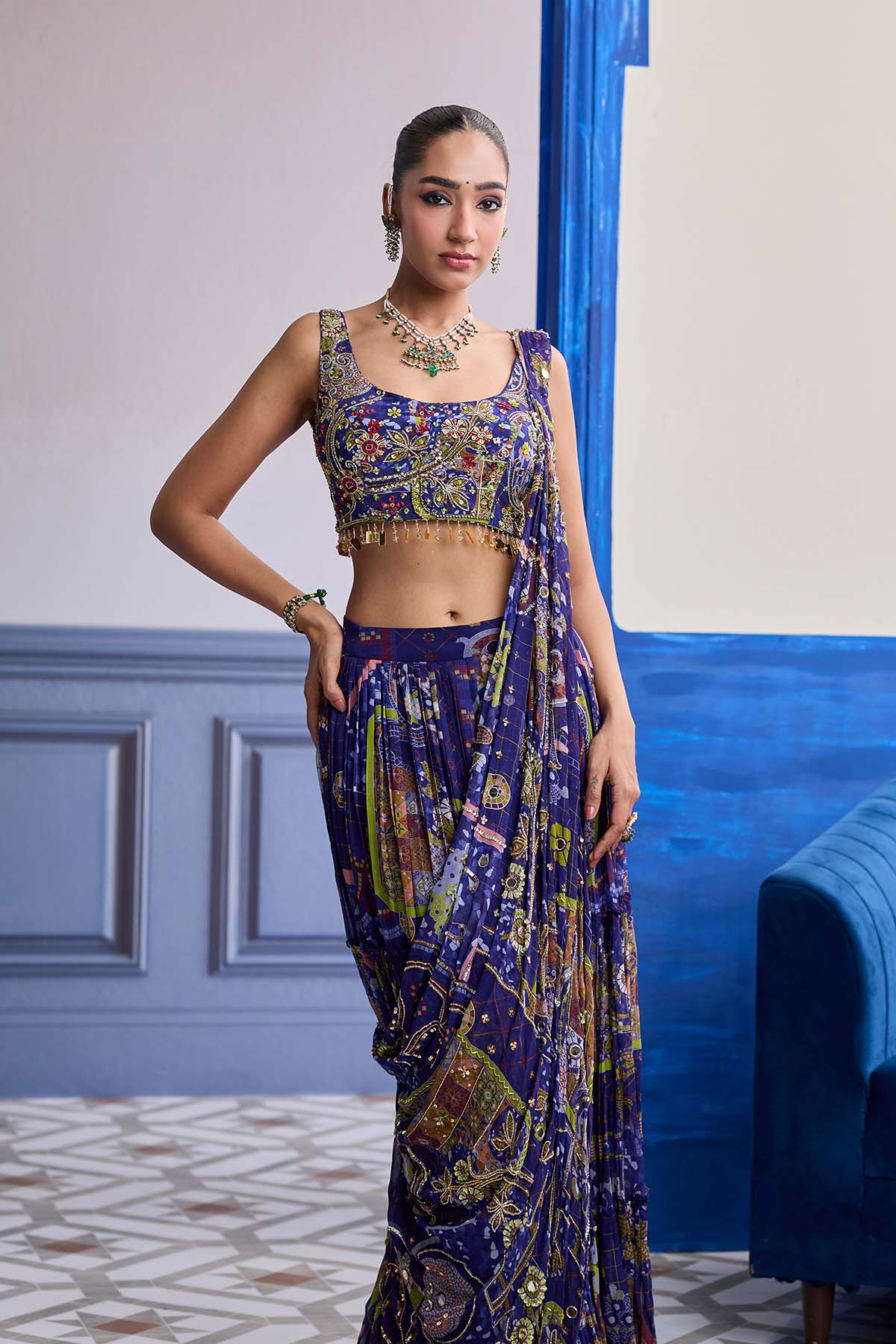 Violet Mosaic Blouse With Drape Tiered Skirt Saree Set