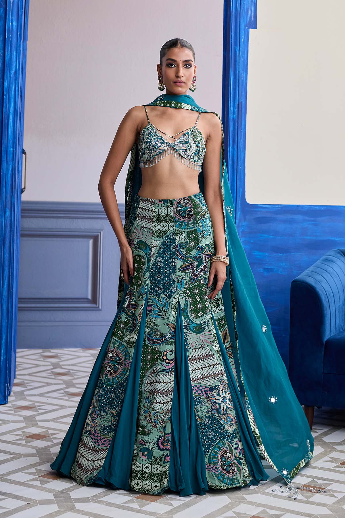 Green Floral Blouse With Godet Skirt & Embroidered Dupatta Set