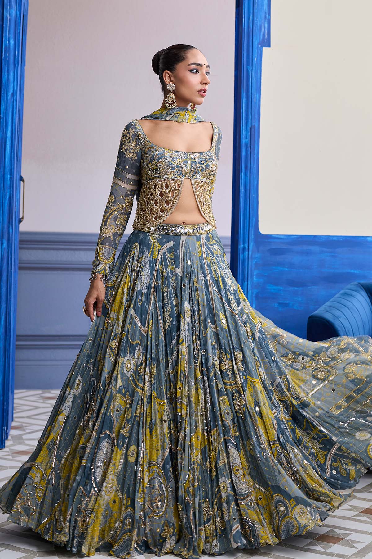 Grey Mosaic Scallop Cutwork Blouse With Highlighted Lehenga & Tassel Dupatta Set