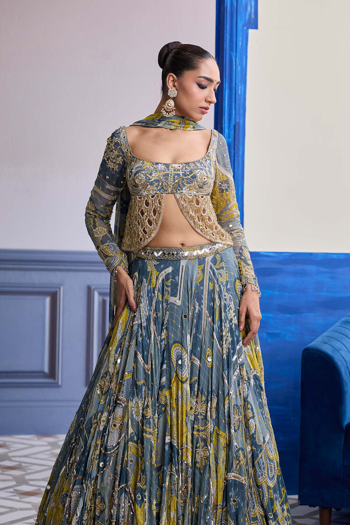 Grey Mosaic Scallop Cutwork Blouse With Highlighted Lehenga & Tassel Dupatta Set