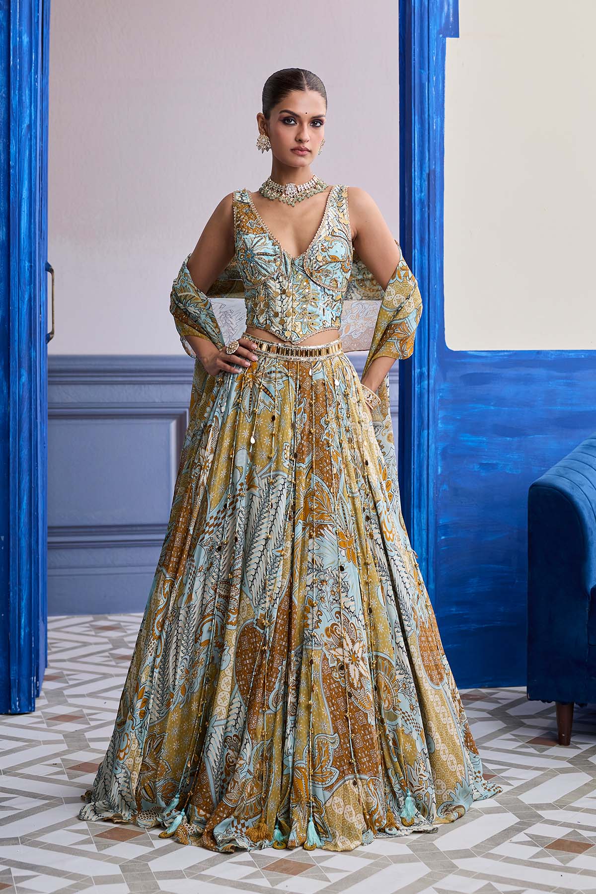 Yellow Floral Corset With Tassel Lehenga & Printed Dupatta Set