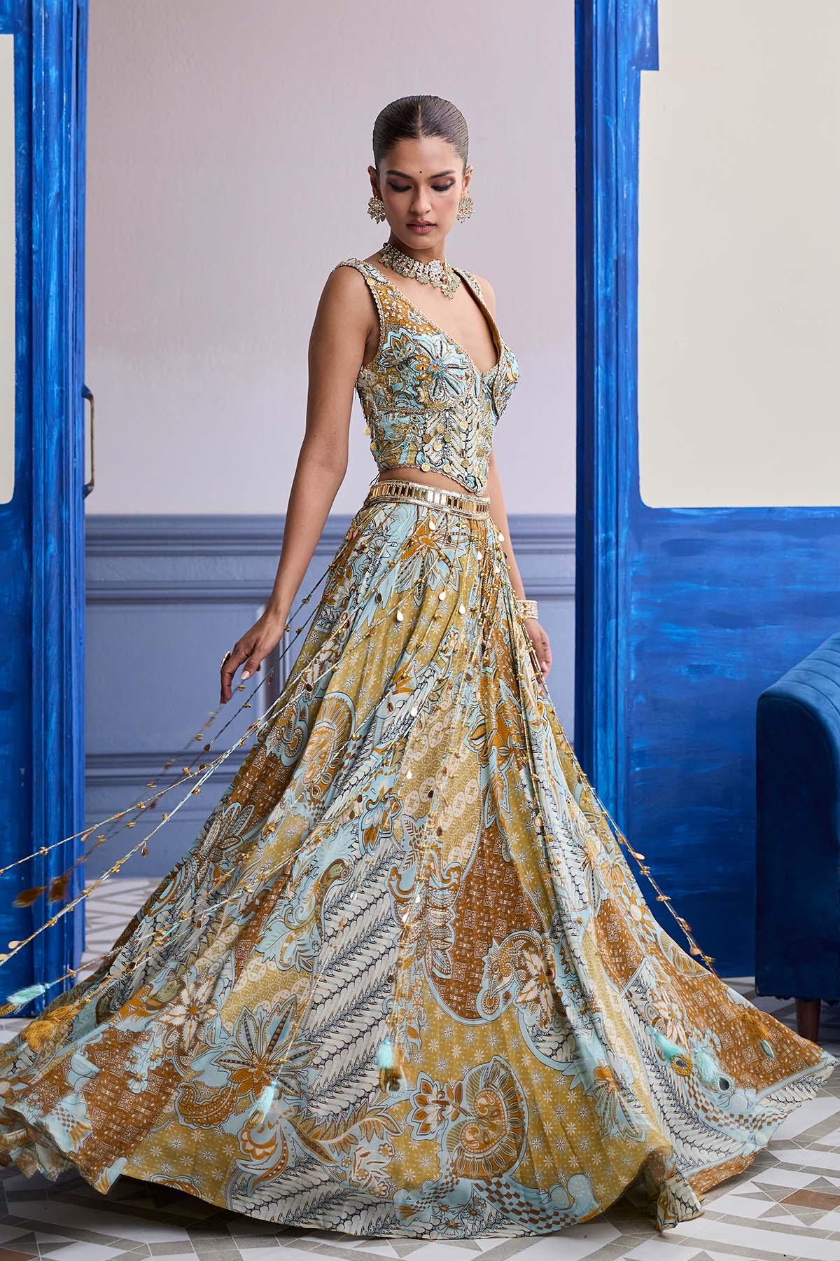 Yellow Floral Corset With Tassel Lehenga & Printed Dupatta Set