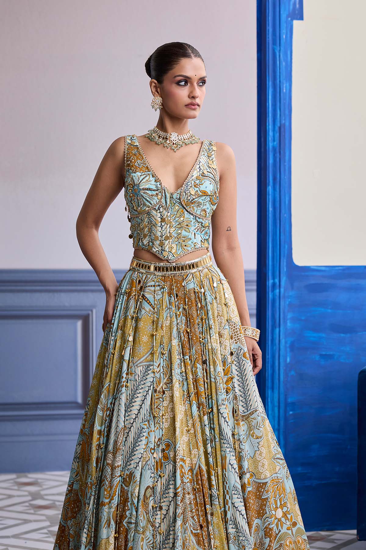 Yellow Floral Corset With Tassel Lehenga & Printed Dupatta Set