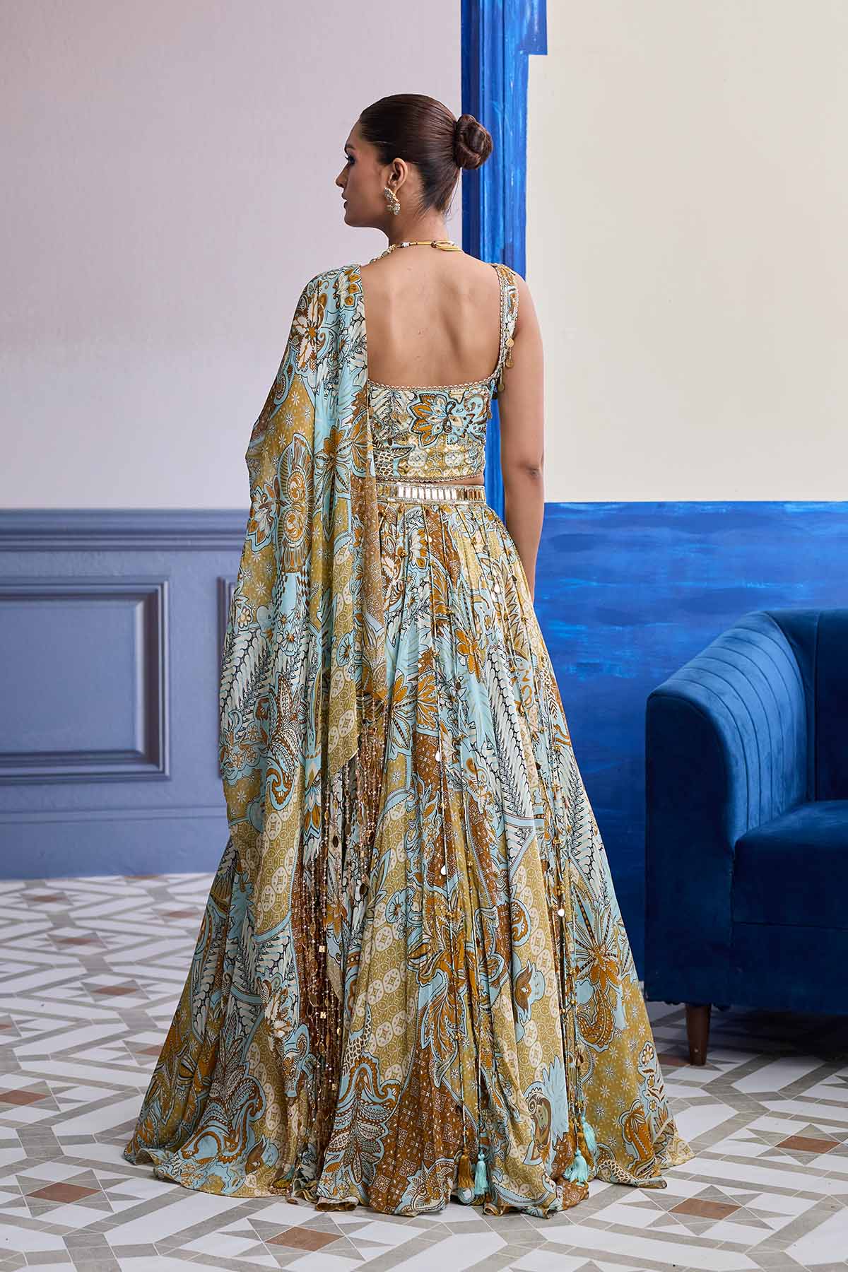Yellow Floral Corset With Tassel Lehenga & Printed Dupatta Set