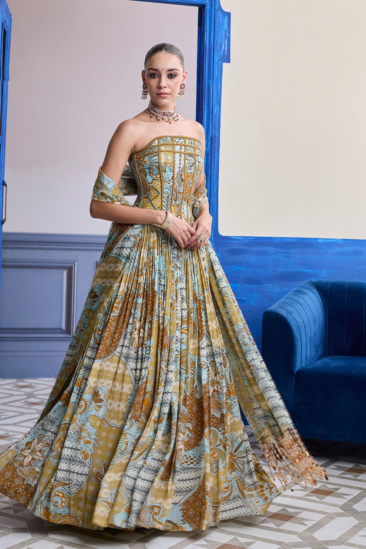 Yellow Floral Corset With Printed Lehenga & Tassel Dupatta Set