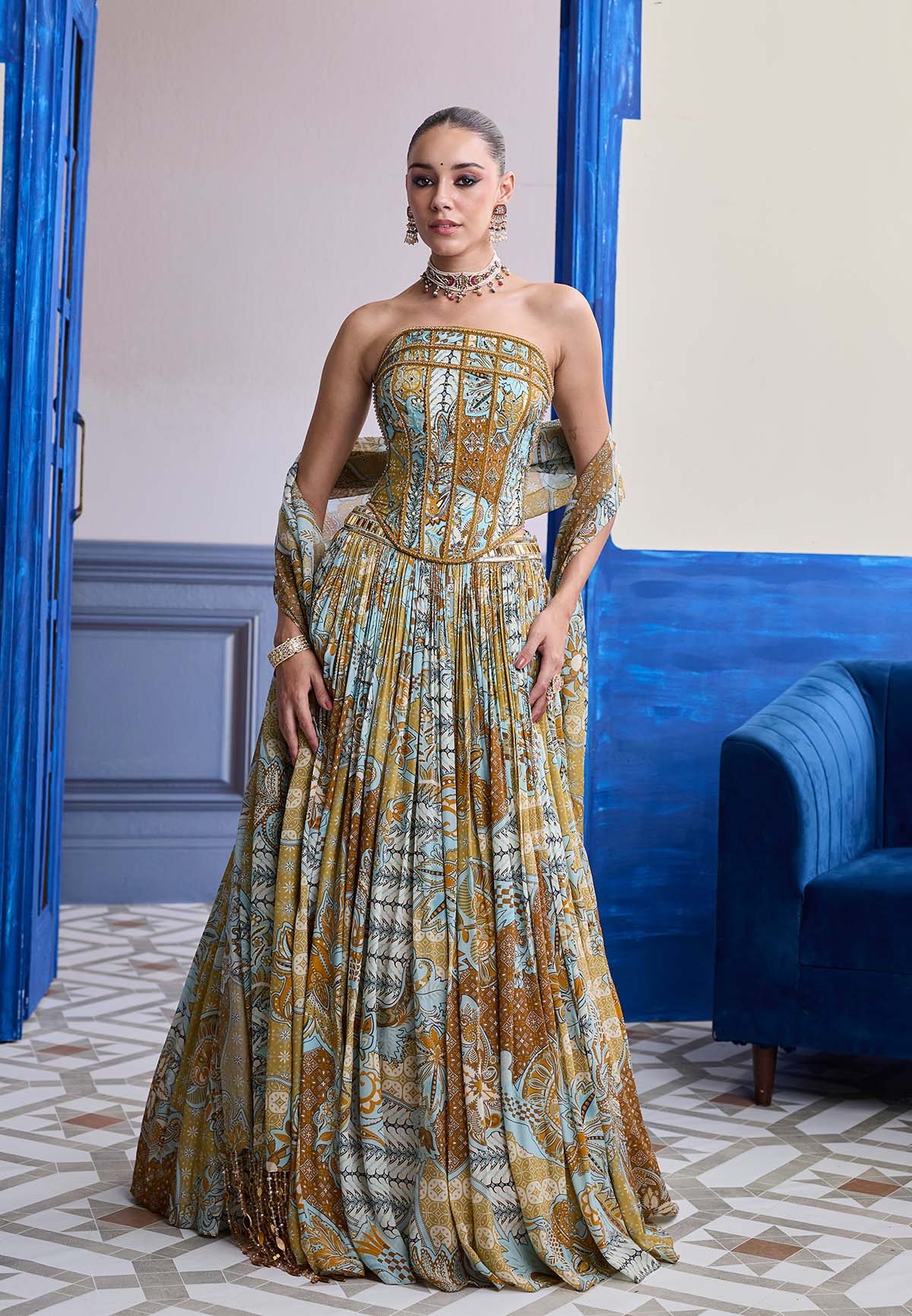 Yellow Floral Corset With Printed Lehenga & Tassel Dupatta Set