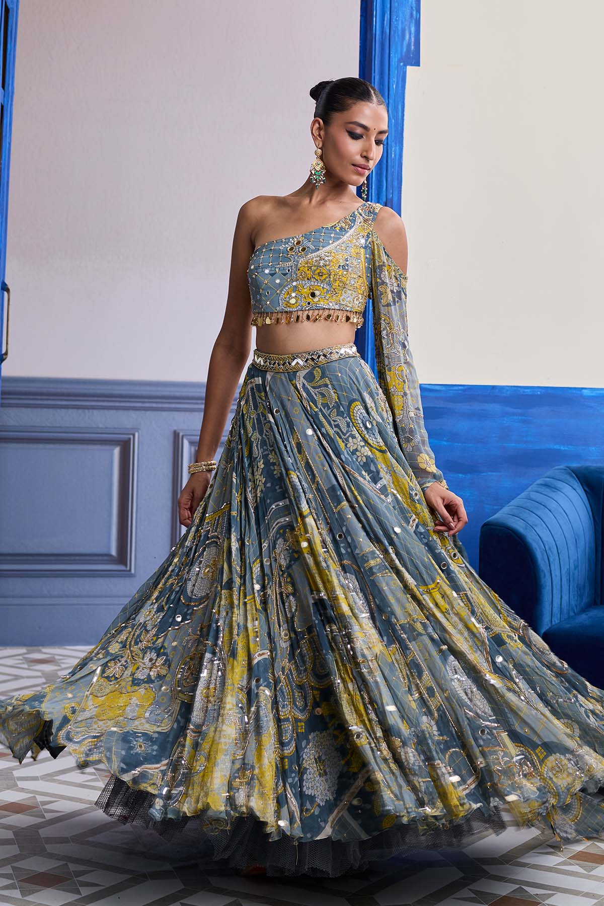 Grey Mosaic One-Shoulder Blouse With Flared Sleeves & Lehenga Set
