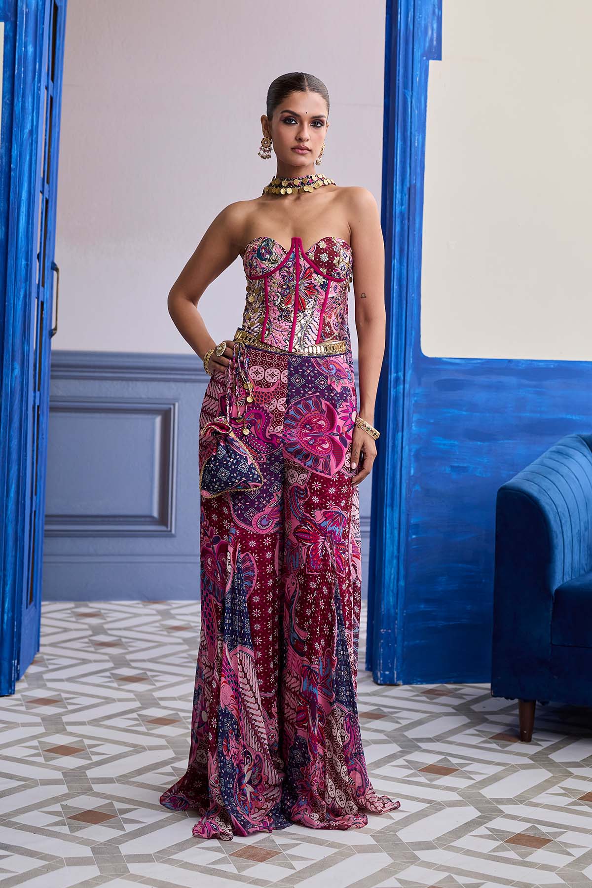 Fuchsia Floral Corset With Godet Pants & Choker Dupatta Set