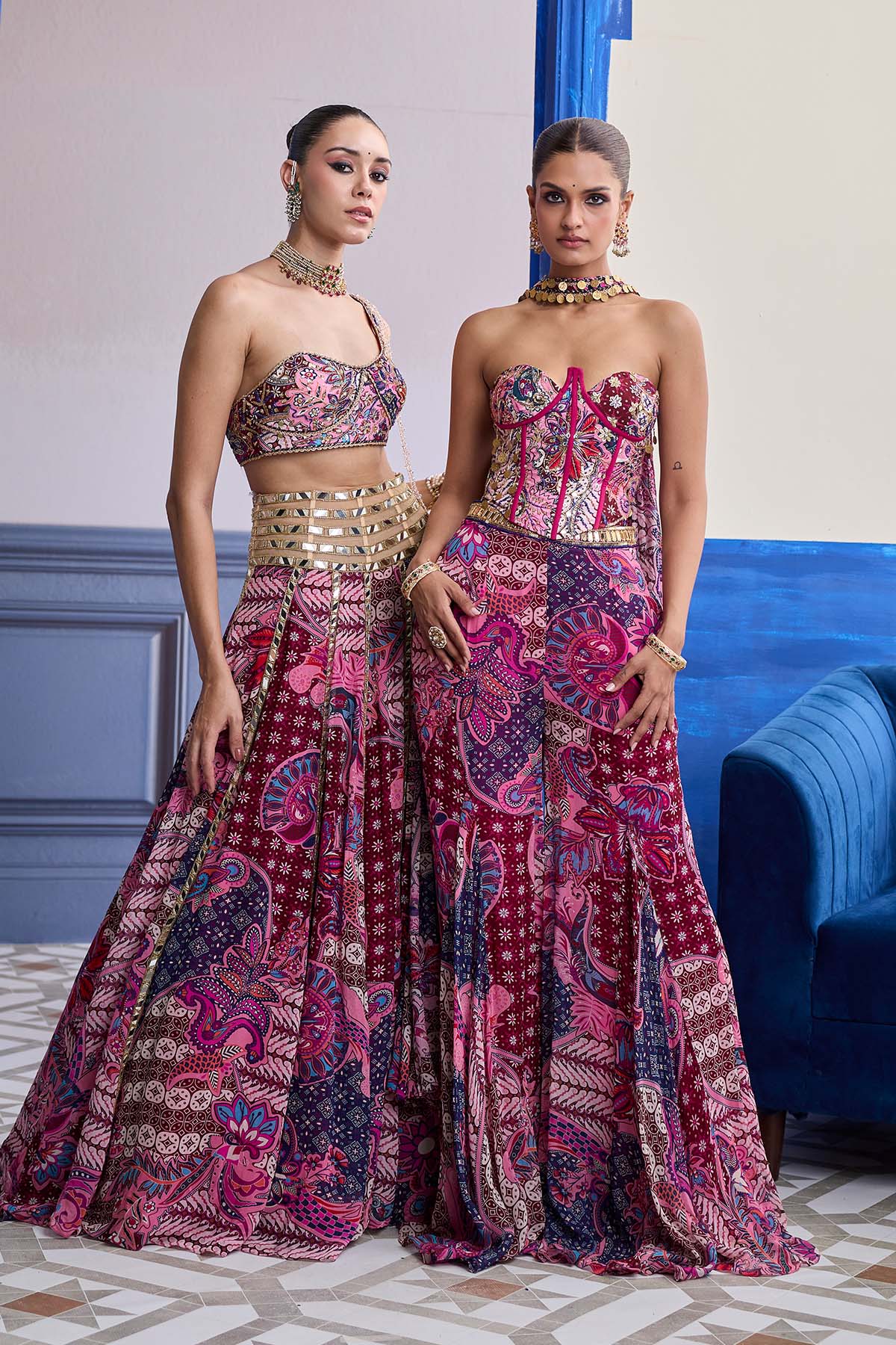 Fuchsia Floral Corset With Godet Pants & Choker Dupatta Set
