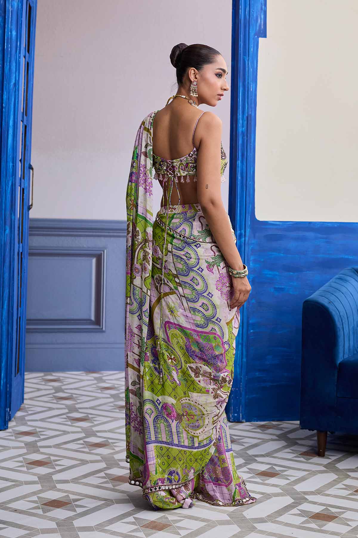 Bubblegum Mosaic Scallop Blouse With Embroidery & Draped Saree Skirt Set