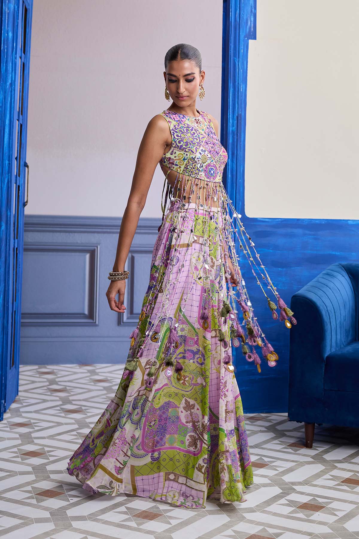 Bubblegum Mosaic Yoke Blouse With Long Tassels & Printed Sharara Set
