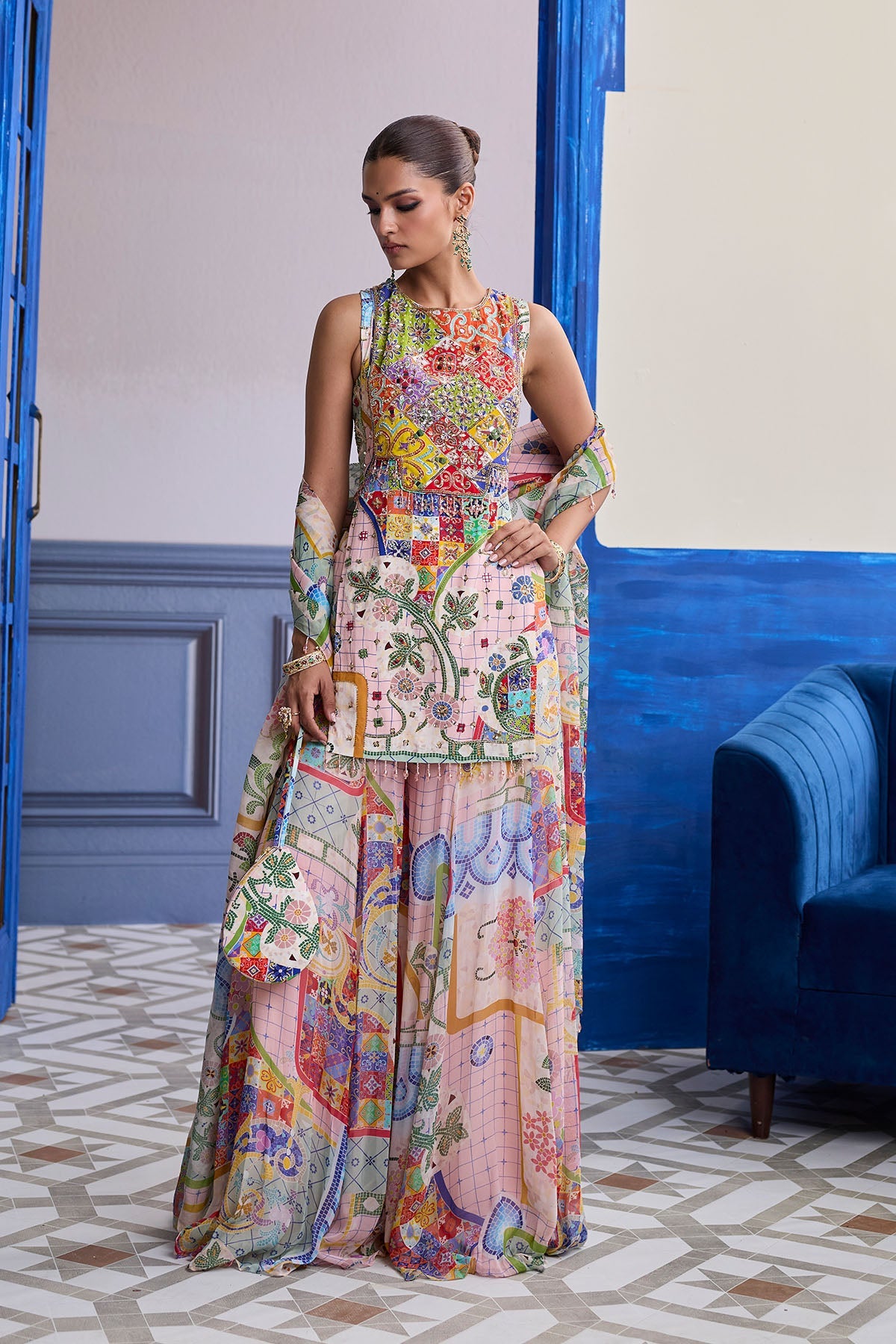 Blush Pink Mosaic Kurti With Flared Sharara & Dupatta Set
