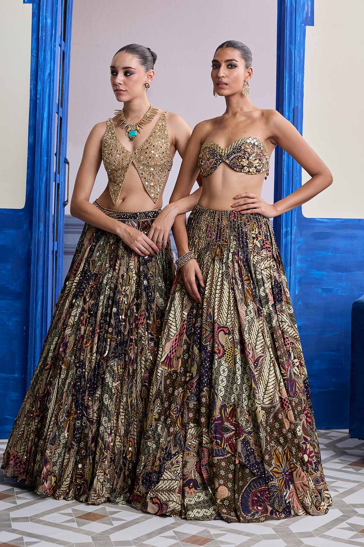 Gold Embroidered Blouse With Highlighted Lehenga & Embroidered Dupatta Set