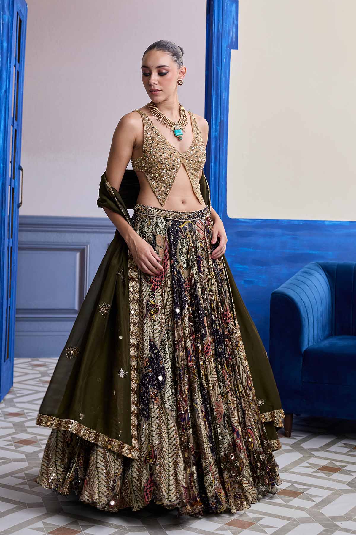 Gold Embroidered Blouse With Highlighted Lehenga & Embroidered Dupatta Set