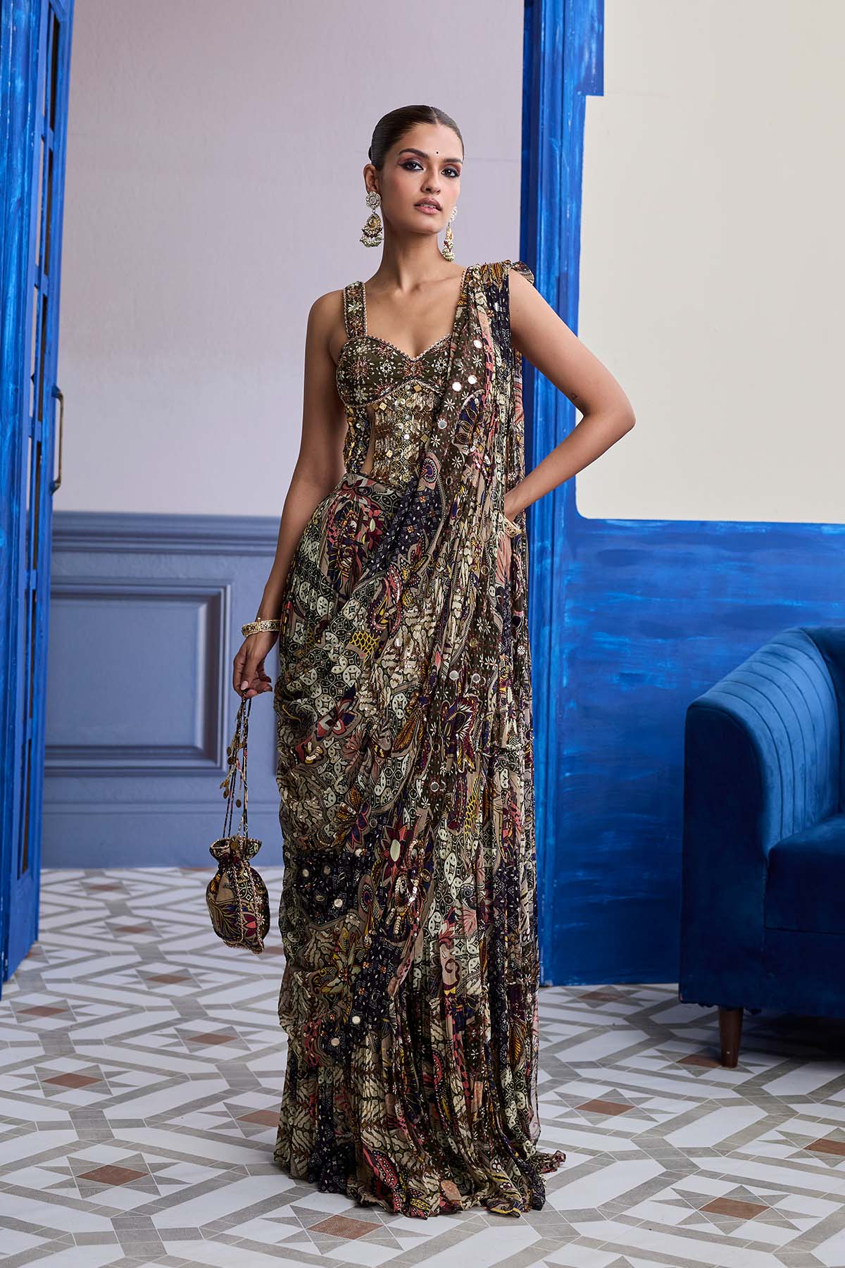 Olive Print Corset With Drape Tiered Skirt Saree Set