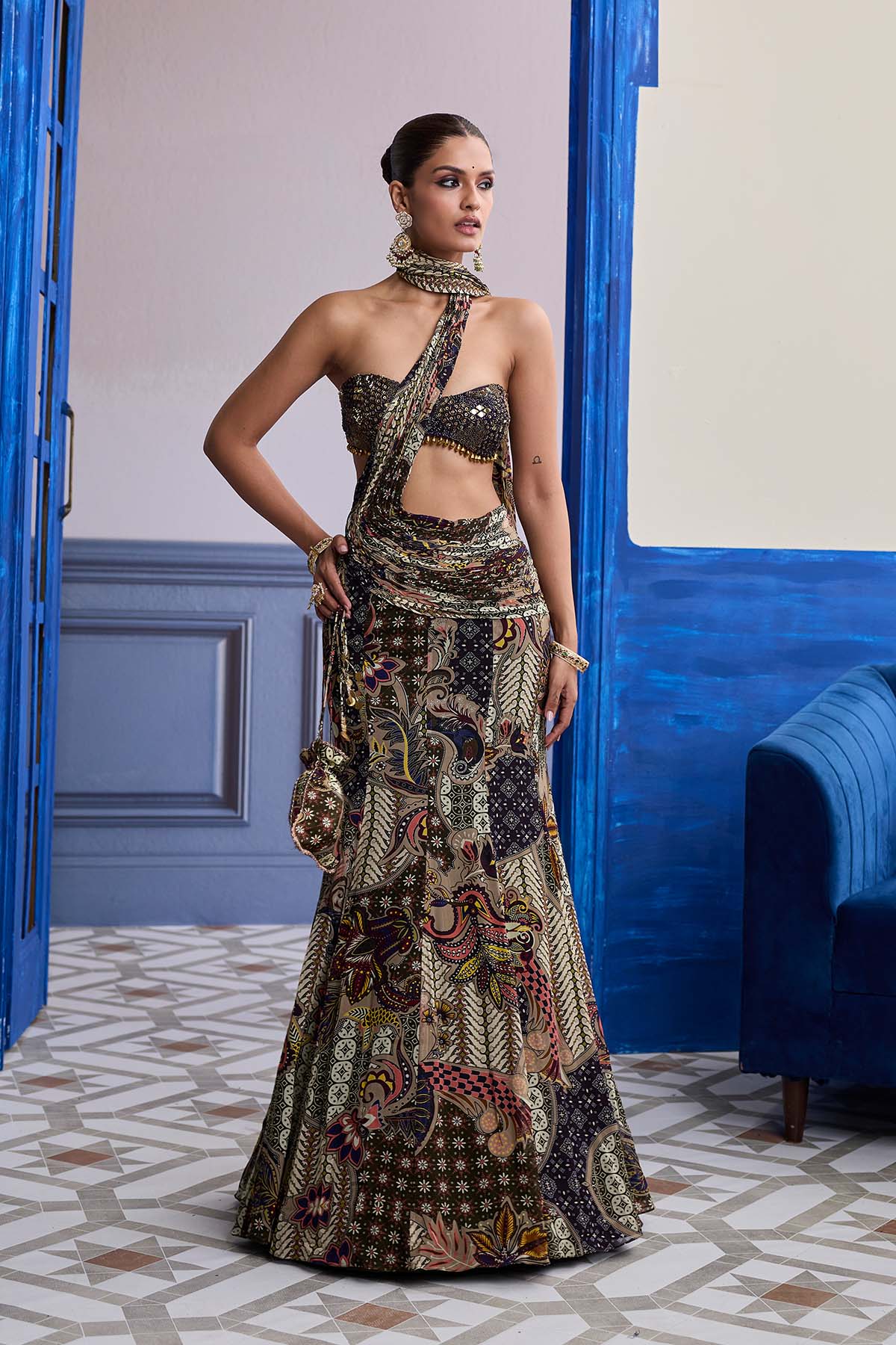 Purple Embroidered Blouse With Olive Floral Fish Cut Saree Set