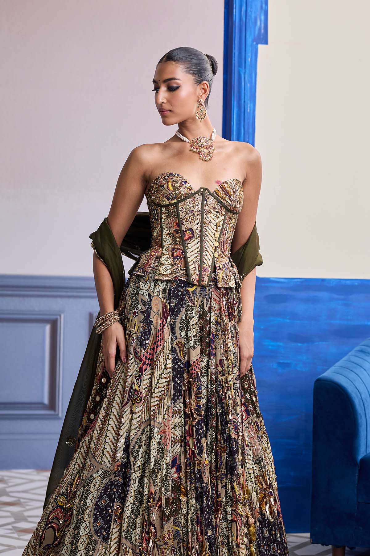 Olive Print Corset With Highlighted Lehenga & Embroidered Dupatta Set